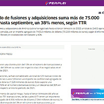 El mercado de fusiones y adquisiciones suma ms de 75.000 millones hasta septiembre, un 38% menos, segn TTR